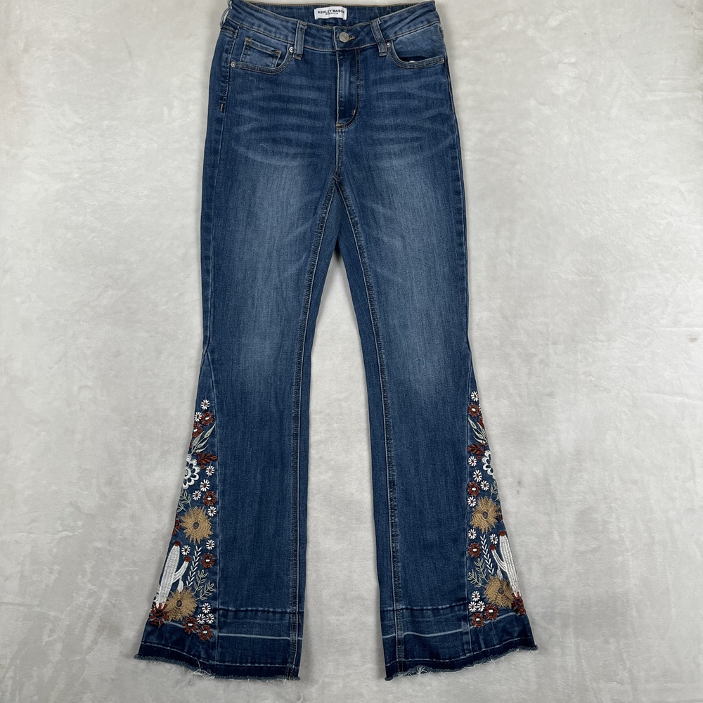 Ashley Mason Embroidered Flare Jeans Womens 5/27 Blue Cactus Floral Denim